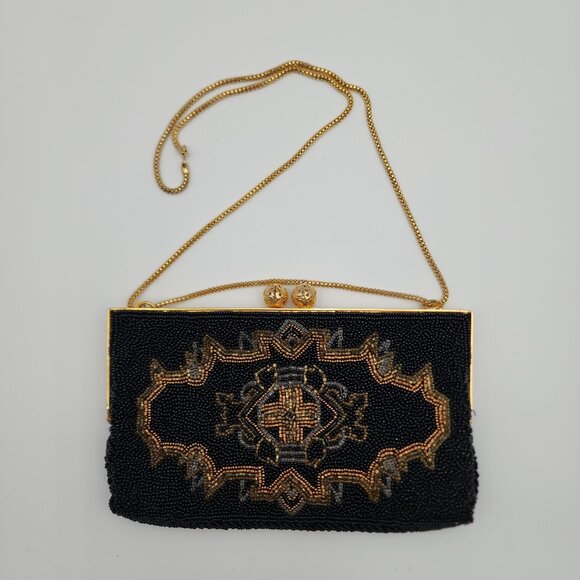VTG Black & Gold Hand-Beaded Evening Bag Ornate Design & Chain Strap By Walborg - Picture 2 of 16